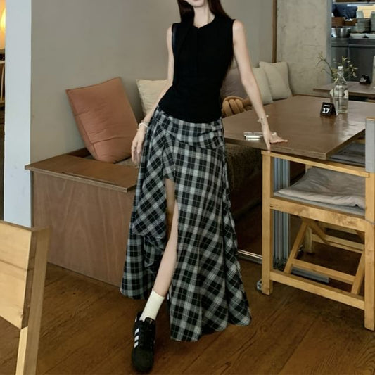 Tie Neck Sleeveless Top and Plaid Slit Maxi A-Line Skirt