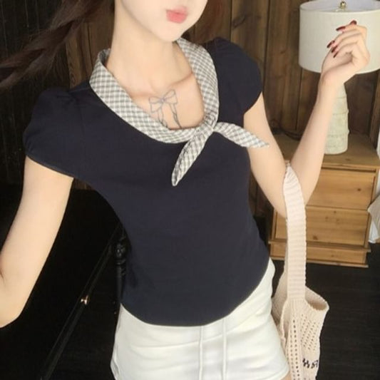 Plaid Bow V-Neck Short-Sleeved Blouse