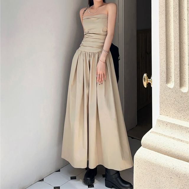 Black Strapless Ruched Maxi A-Line Dress - Altfashion Shop