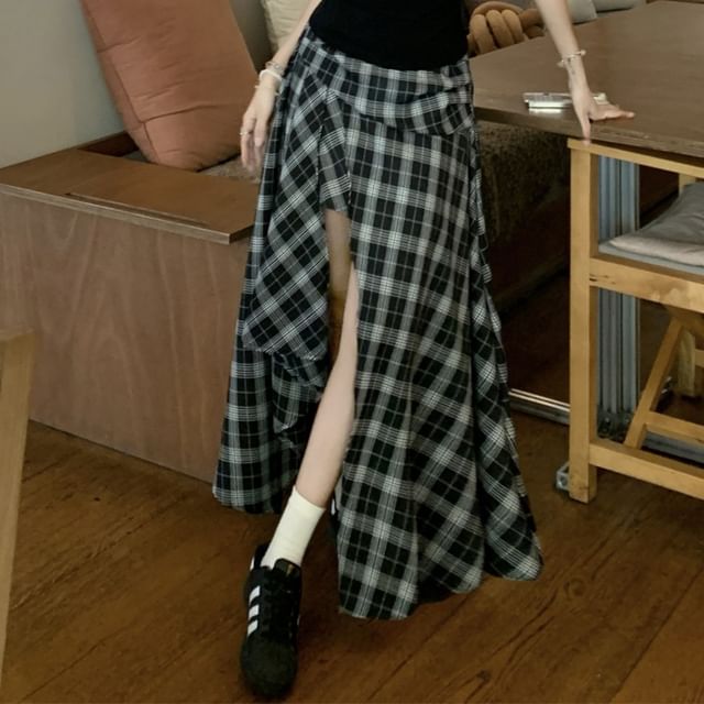 Tie Neck Sleeveless Top and Plaid Slit Maxi A-Line Skirt