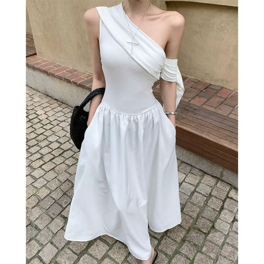 Black One Shoulder Gathered Maxi A-Line Dress - Altfashion Shop