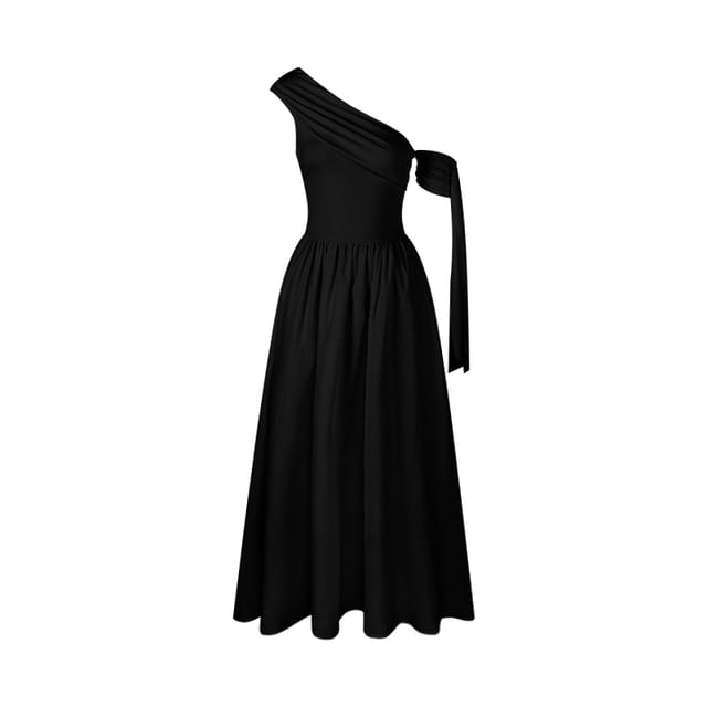 Black One Shoulder Gathered Maxi A-Line Dress - Altfashion Shop