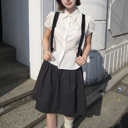 Puff Sleeve Collared Dotted Shirt and Mini Skirt