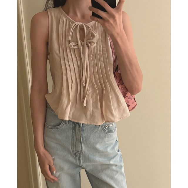 Plain Pleated Tie-Front Tank Blouse