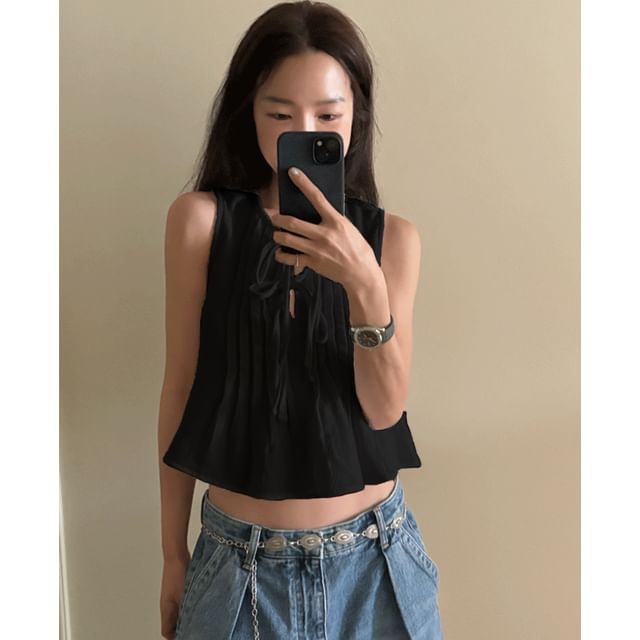 Plain Pleated Tie-Front Tank Blouse
