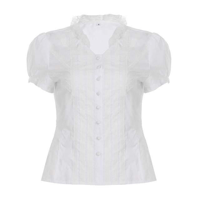 Plain Lace-Paneled Slim-Fit Short-Sleeved Blouse