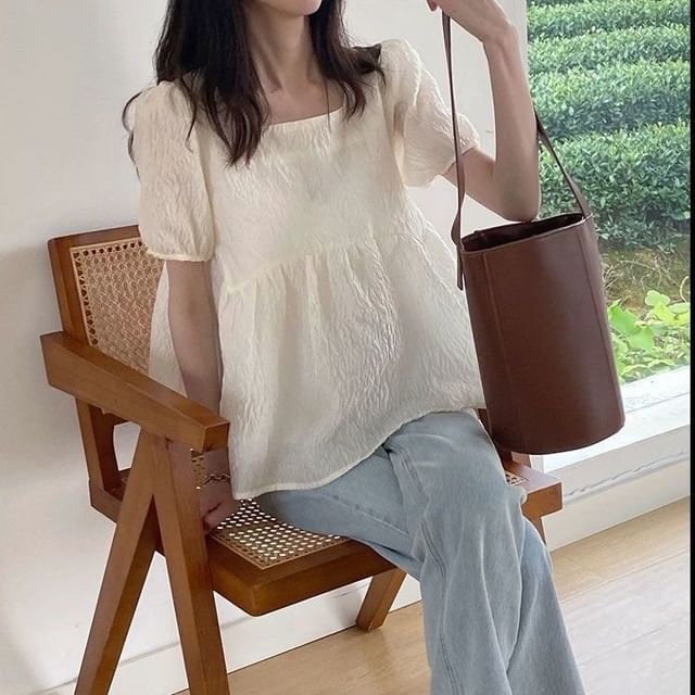 Square-Neck Plain Flowy Short-Sleeved Top