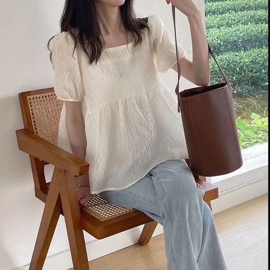 Square-Neck Plain Flowy Short-Sleeved Top