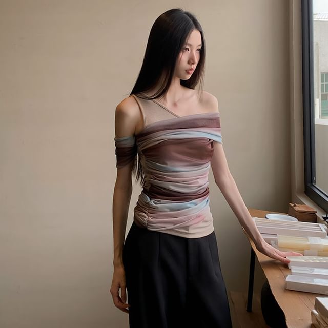 Cold-Shoulder Striped Gradient Ruched Short-Sleeved Top