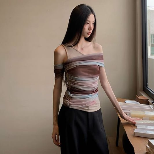 Cold-Shoulder Striped Gradient Ruched Short-Sleeved Top