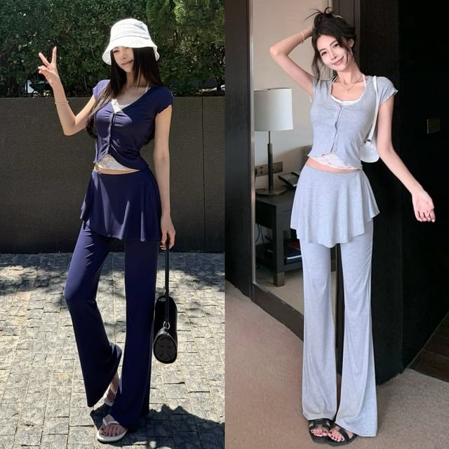 Mock Two-Piece Lace-Paneled Halter Tee & Bootcut Overlay Pants
