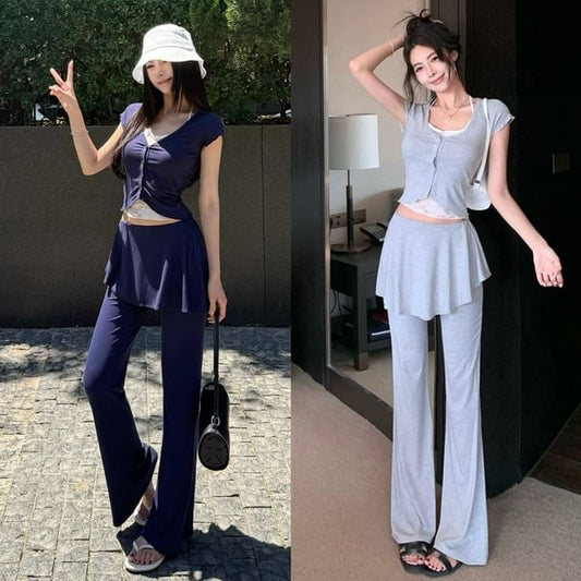 Mock Two-Piece Lace-Paneled Halter Tee & Bootcut Overlay Pants