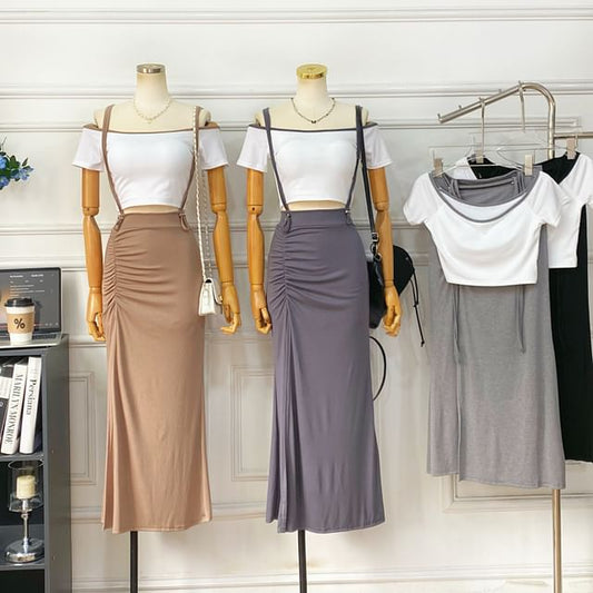 Off-Shoulder Crop Top and Slit Maxi Pencil Pinafore Skirt Set