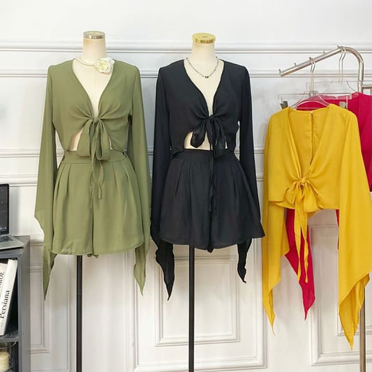 Set: Bell-Sleeved V-Neck Tie-Front Top + High-Waisted Shorts