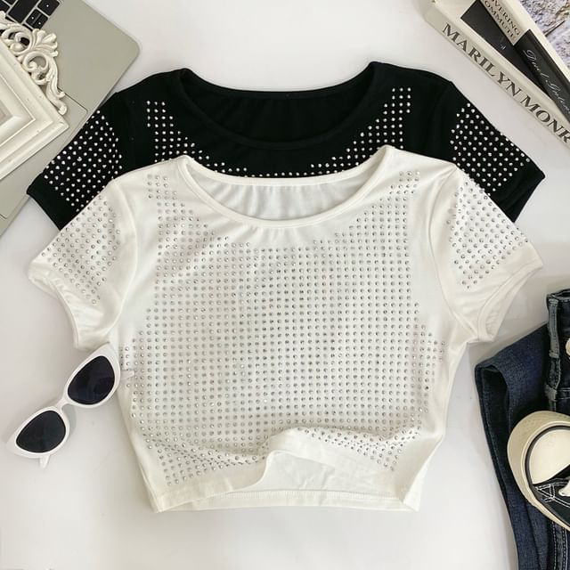 Crewneck Plain Rhinestone Cropped Short-Sleeved Tee