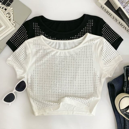Crewneck Plain Rhinestone Cropped Short-Sleeved Tee