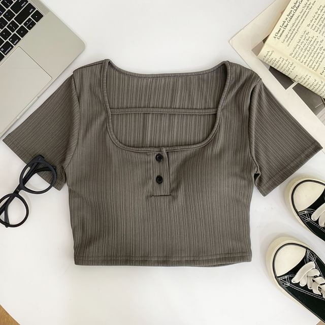Scoop-Neck Plain Padded Cropped Short-Sleeved Tee