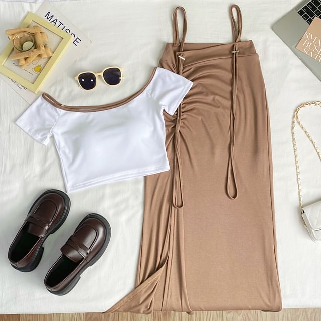 Off-Shoulder Crop Top and Slit Maxi Pencil Pinafore Skirt Set