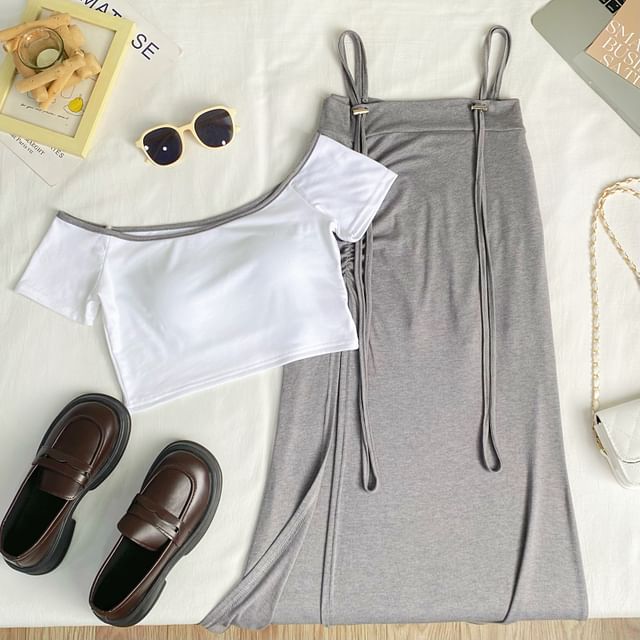 Off-Shoulder Crop Top and Slit Maxi Pencil Pinafore Skirt Set