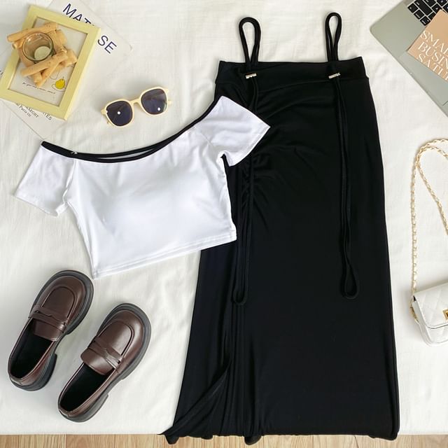 Off-Shoulder Crop Top and Slit Maxi Pencil Pinafore Skirt Set