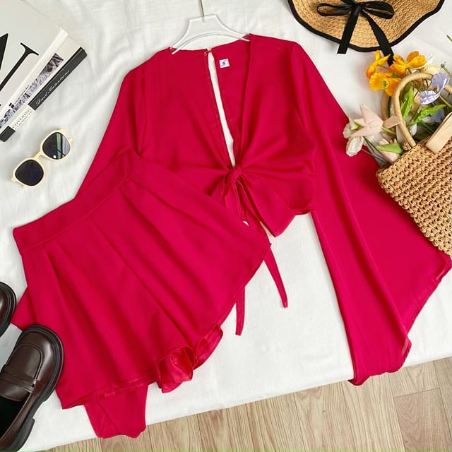 Set: Bell-Sleeved V-Neck Tie-Front Top + High-Waisted Shorts