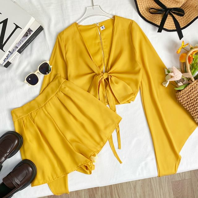 Set: Bell-Sleeved V-Neck Tie-Front Top + High-Waisted Shorts