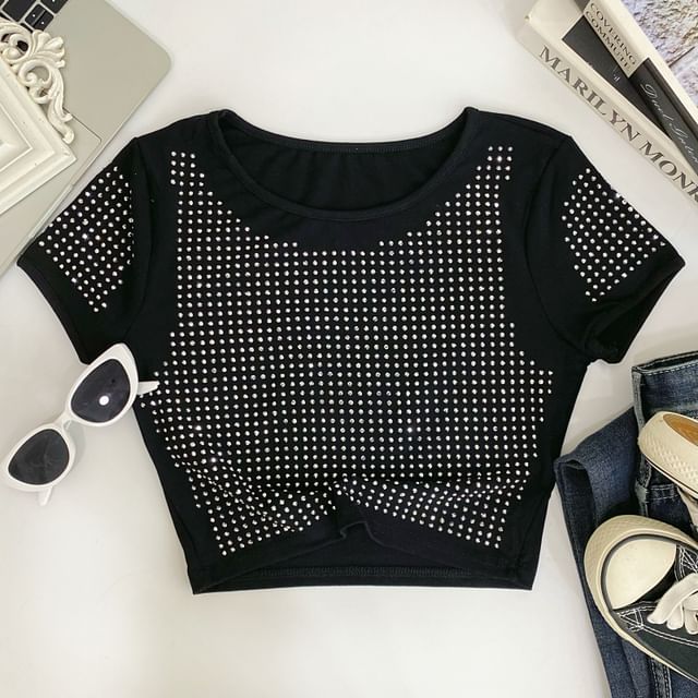 Crewneck Plain Rhinestone Cropped Short-Sleeved Tee