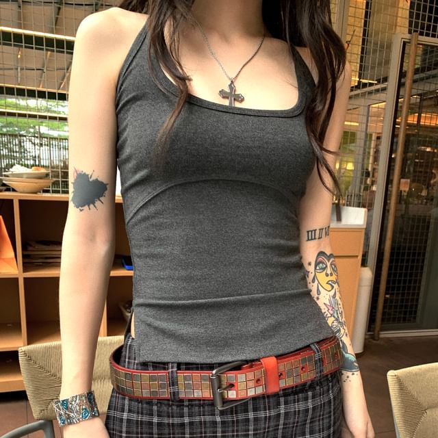 Spaghetti-Strap Slit Plain Cami & High-Waisted Plaid Mini Skirt