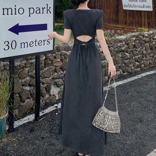 Black Short Sleeve Scoop Neck Cutout Tie Back Maxi Dress - Altfashion Shop