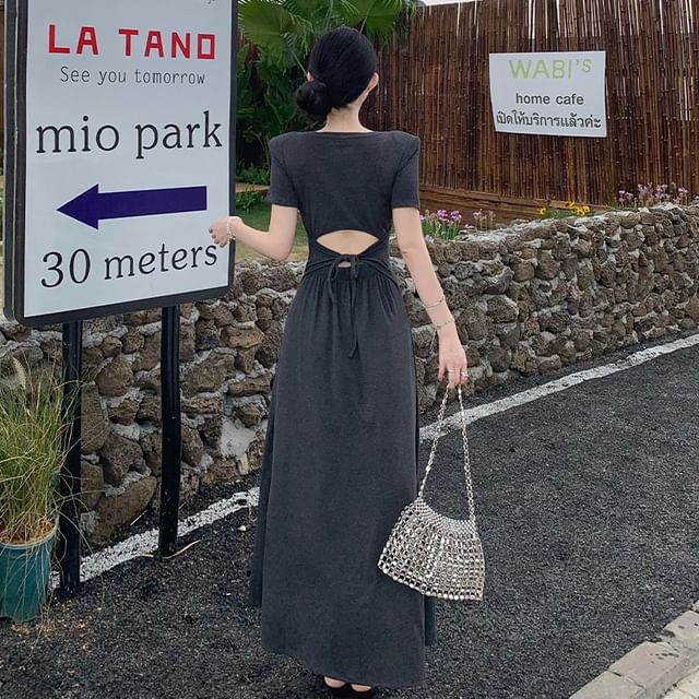 Black Short Sleeve Scoop Neck Cutout Tie Back Maxi Dress - Altfashion Shop