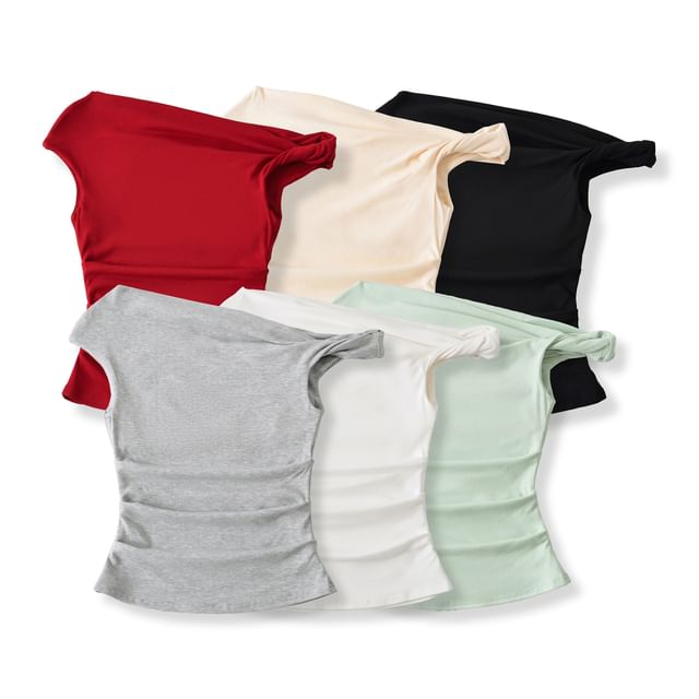 One-Shoulder Plain Ruched Cap-Sleeved Tee