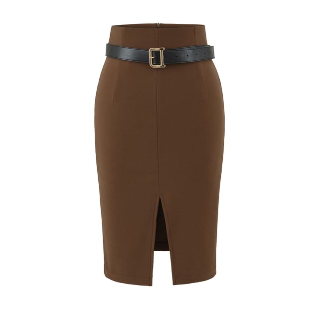 Front-Slit Pencil Skirt with High Rise Waist