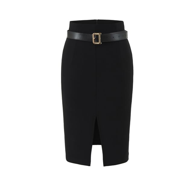 Front-Slit Pencil Skirt with High Rise Waist
