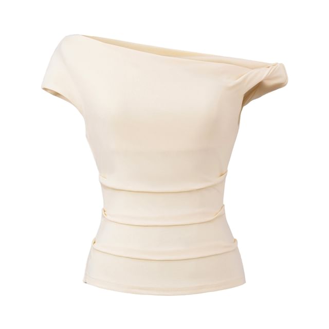 One-Shoulder Plain Ruched Cap-Sleeved Tee