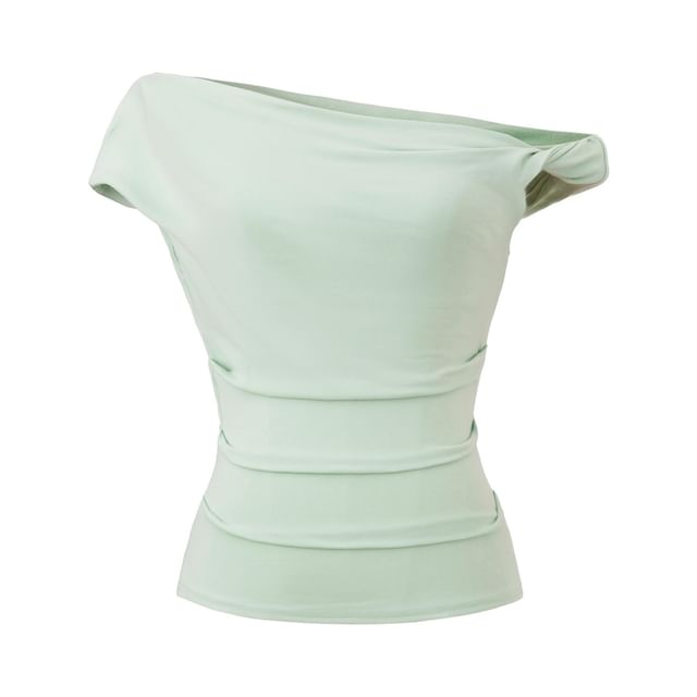 One-Shoulder Plain Ruched Cap-Sleeved Tee