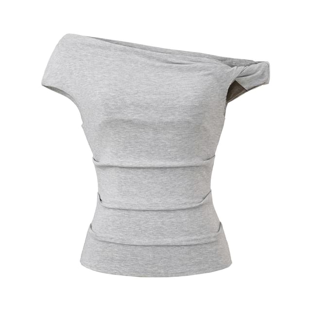 One-Shoulder Plain Ruched Cap-Sleeved Tee