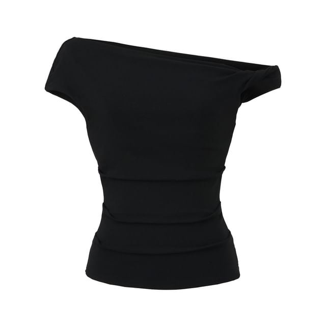 One-Shoulder Plain Ruched Cap-Sleeved Tee