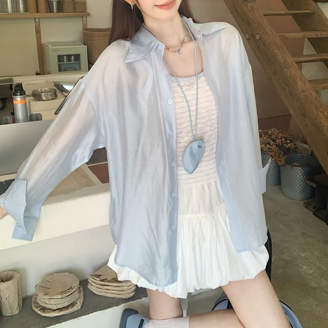 Plain Sheer Button-Up Long-Sleeved Shirt / Striped Scoop-Neck Crop Cami