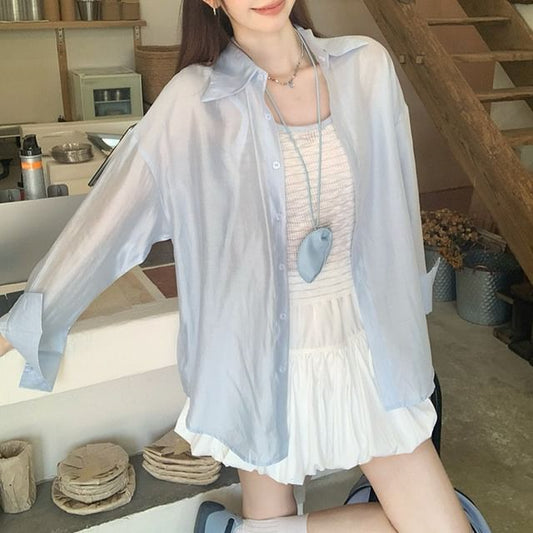 Plain Sheer Button-Up Long-Sleeved Shirt / Striped Scoop-Neck Crop Cami