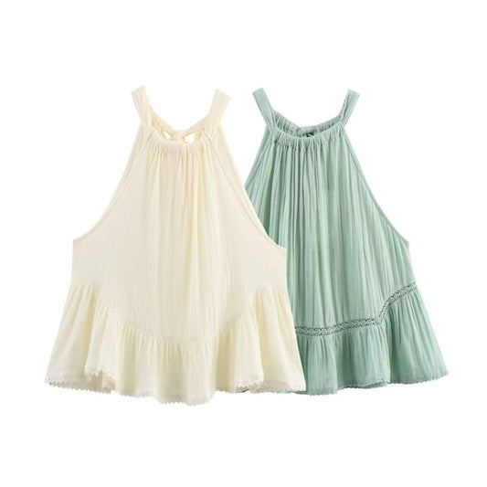 Plain Halter-Neck Lace Panel Tie-Back Blouse