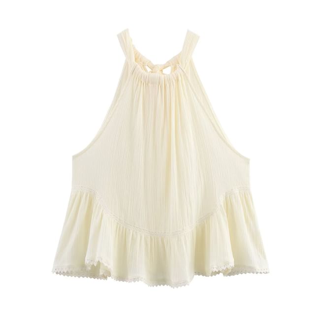 Plain Halter-Neck Lace Panel Tie-Back Blouse