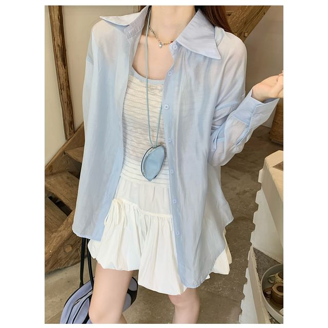 Plain Sheer Button-Up Long-Sleeved Shirt / Striped Scoop-Neck Crop Cami