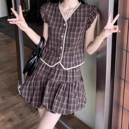 V-Neck Cap Sleeve Plaid Slim Blouse and High Waist Bubble Hem Mini Skirt Set