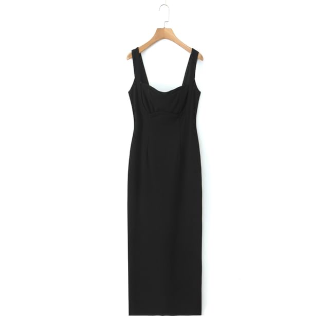 Black Sleeveless Square Neck Slit Sheath Maxi Dress - Altfashion Shop