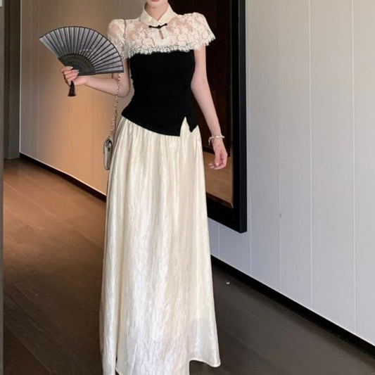 Mandarin Collar Short Sleeve Lace Top and Maxi A-Line Skirt