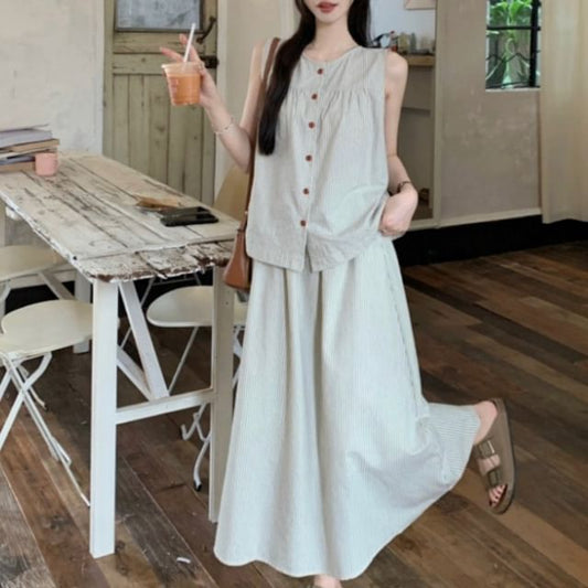 Round Neck Striped Button Top and Maxi A-Line Skirt