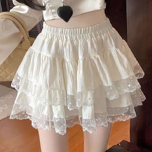 Elastic Waist Tiered Mesh Mini A-Line Skirt