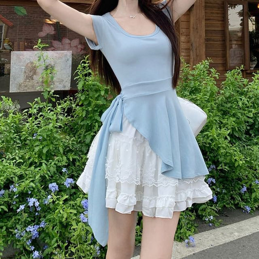 Scoop Neck Asymmetrical Tie-Up Top and Ruffle Mesh Mini Skirt