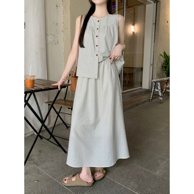 Round Neck Striped Button Top and Maxi A-Line Skirt