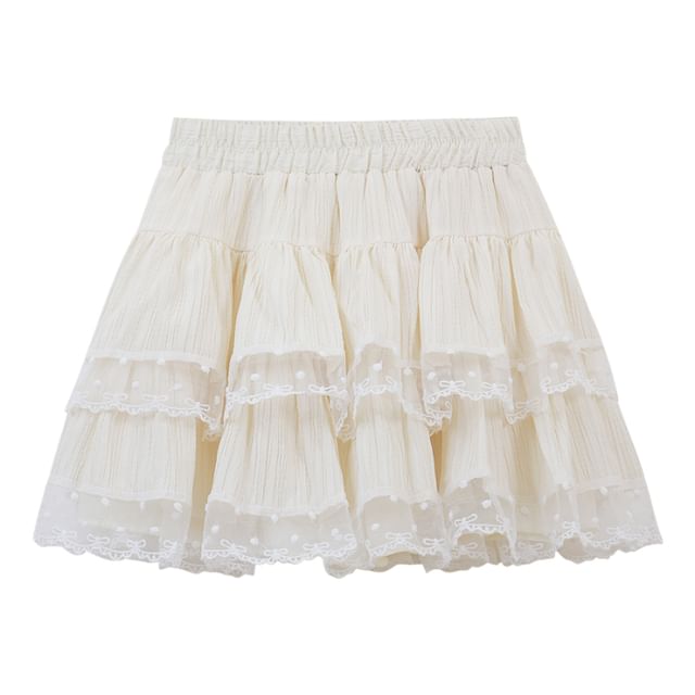 Elastic Waist Tiered Mesh Mini A-Line Skirt